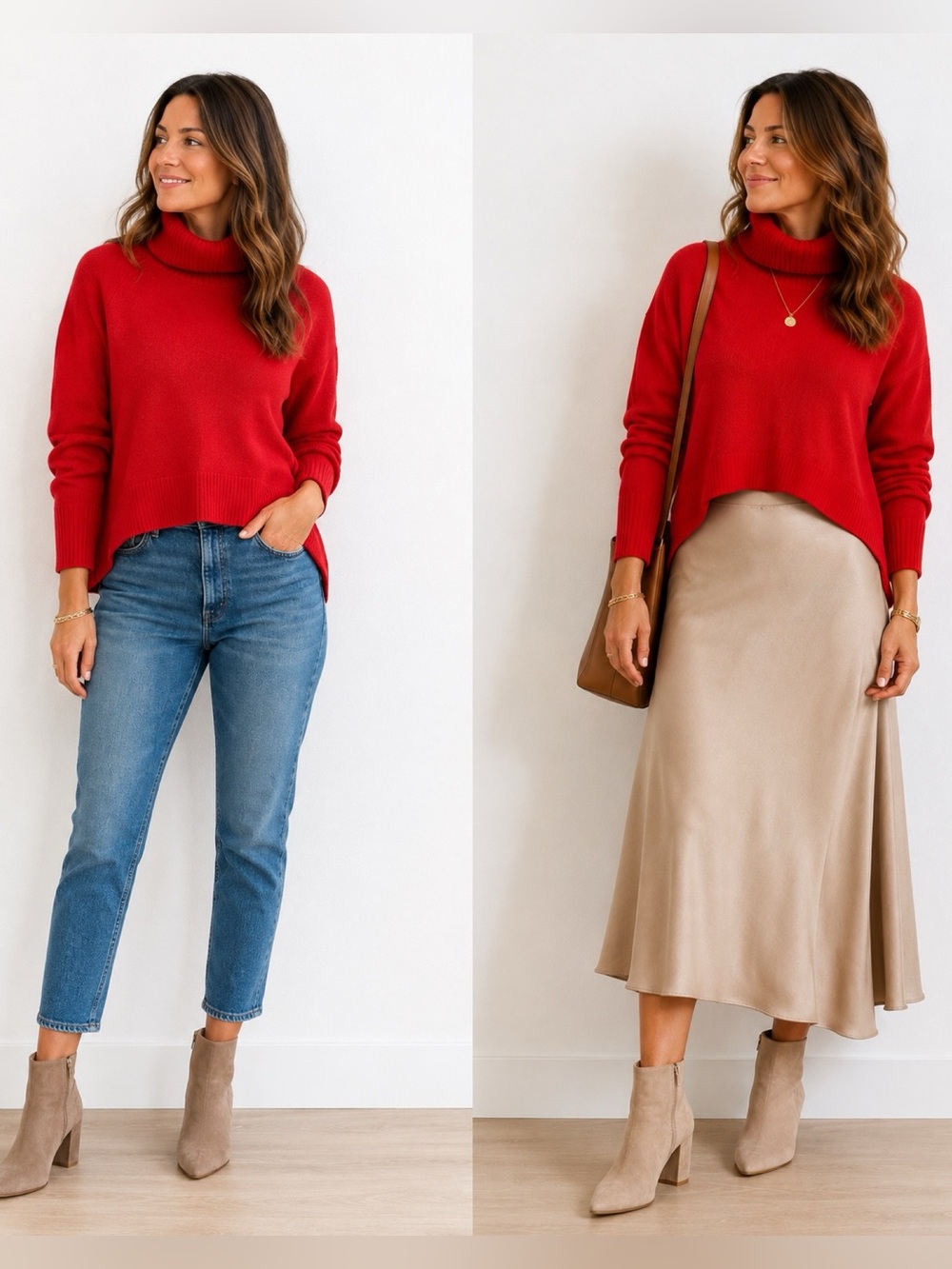 Veronica Beard Red Turtleneck Layered-Hem Sweater